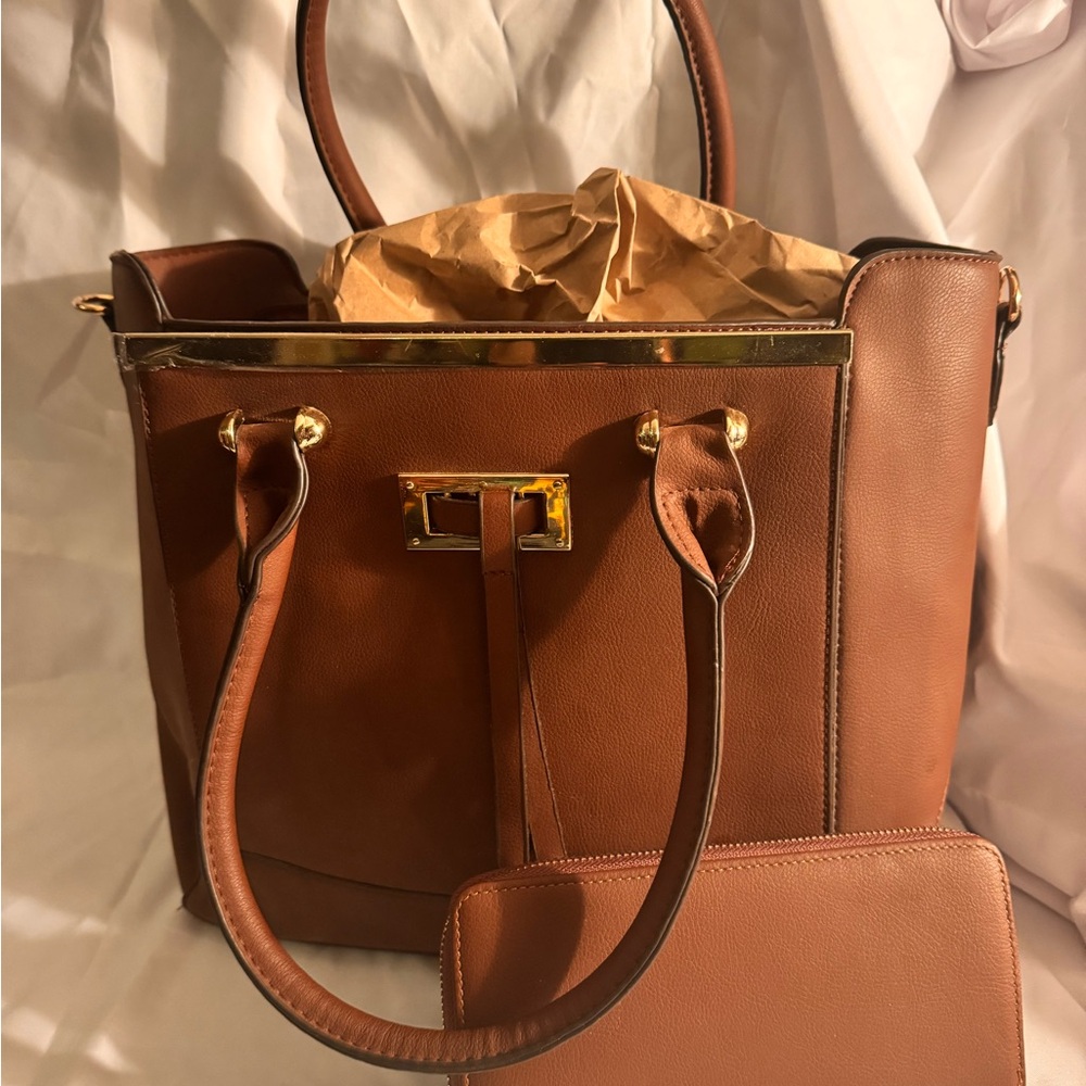 Elegant Brown Tote with Gold Trim